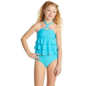Justice Girls 2 Piece Ruffled Halter Rainbow Strap Tankini Swimsuit Size S 7/8